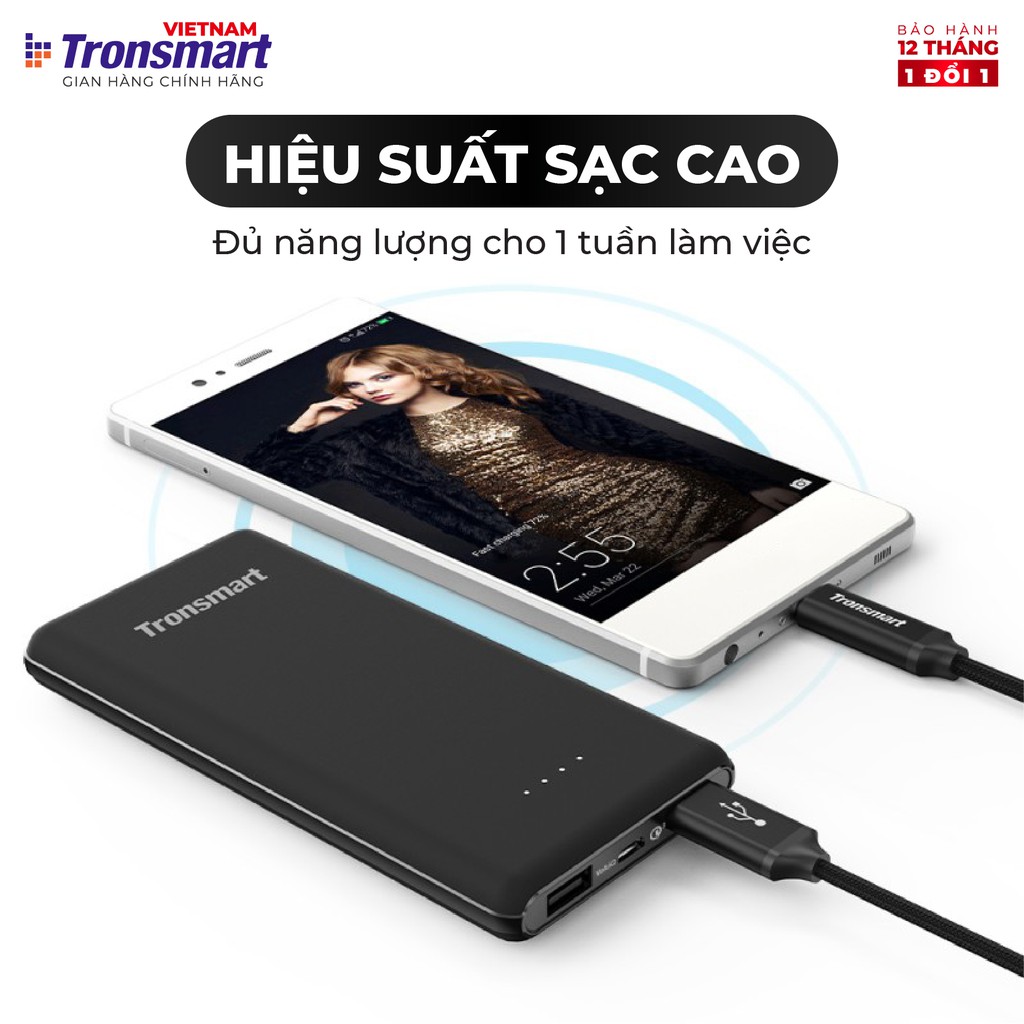 Sạc dự phòng 10000mAh Tronsmart Presto Sạc nhanh QC 3.0 kèm dây Micro USB - Hàng chính hãng - Bảo hành 12 tháng 1 đổi 1