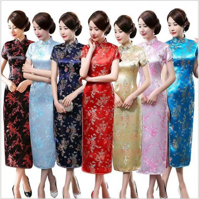 //SỈ BẰNG LẺ // Đầm sườn xám gấm đỏ rồng dài ôm xẻ cao nữ trung hoa phong cách dự tiệc ,đi chơi