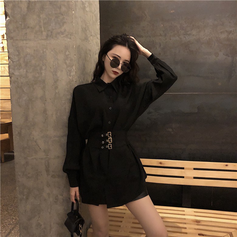 ĐẦM ULZZANG KIỂU SƠ MI ĐEN - ĐẦM SƠ MI THẮT EO