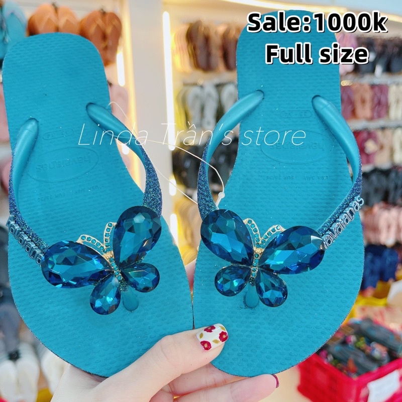 dép HVN kim tuyến viền xanh biển mix charm bướm đá xanh dương