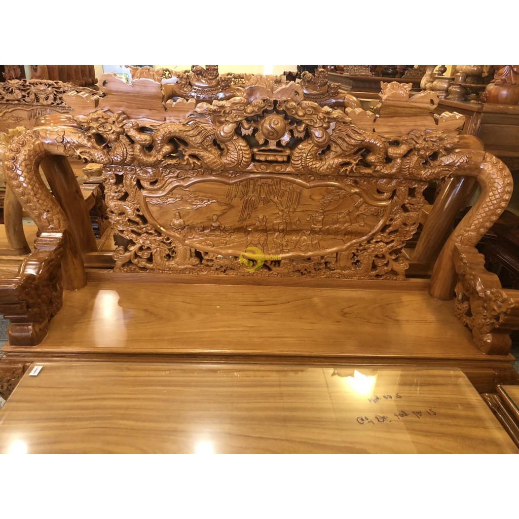 Bộ bàn ghế lưỡng long chầu nguyệt gỗ gõ đỏ tay 12