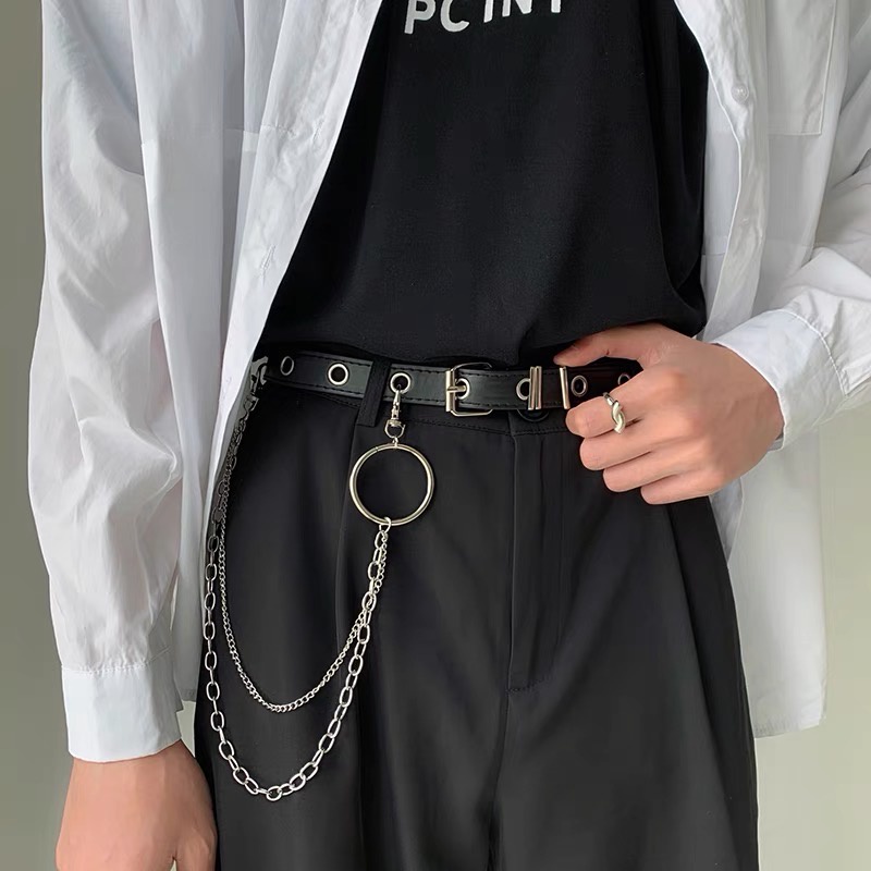 Thắt lưng kèm dây chain xích nam nữ Unisex - dây lưng nịt nhiều lỗ khoen tròn kèm xích treo túi quần Lulu shop