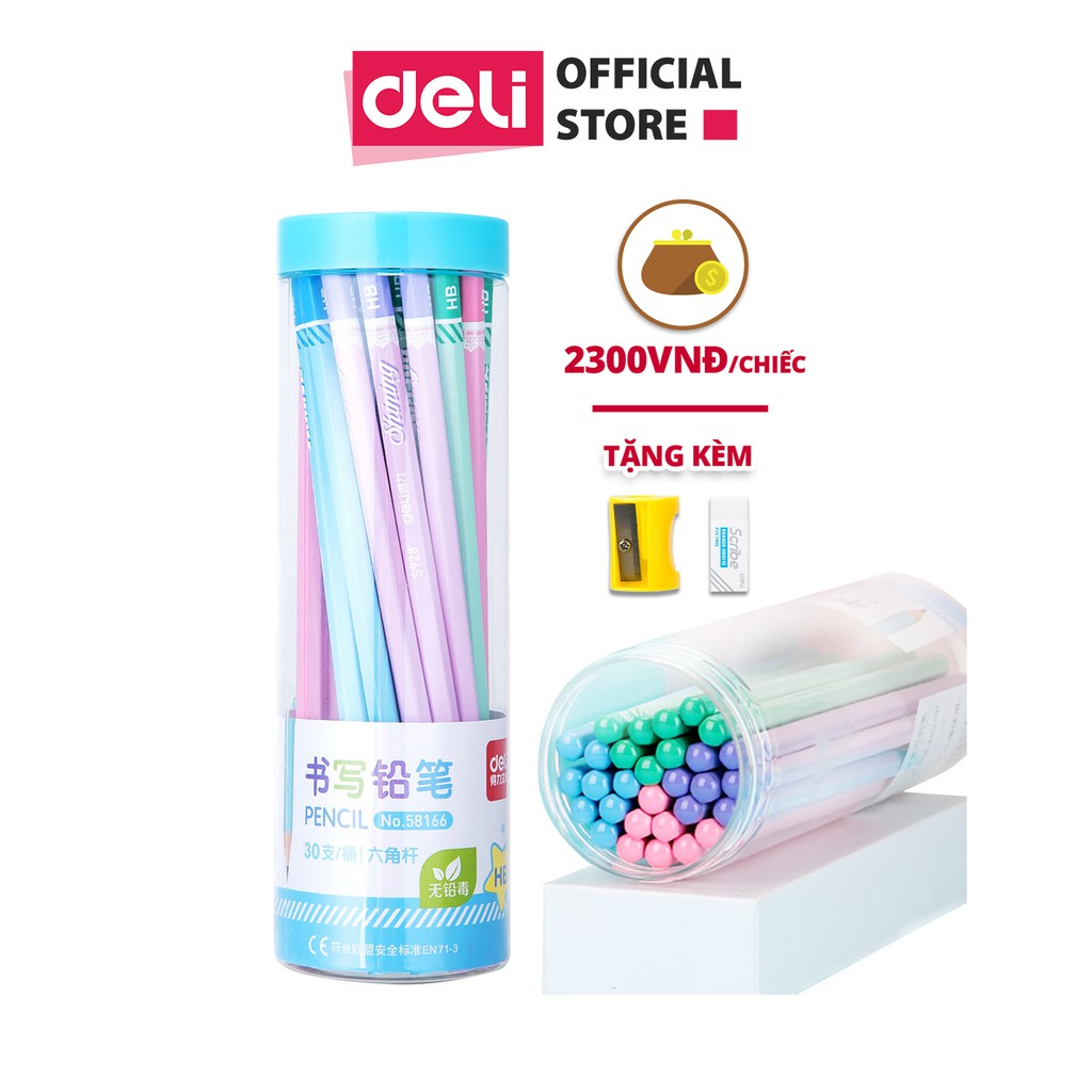 Bút chì lục giác Deli - 30 chiếc/hộp loại 2B/HB tặng kèm gọt và tẩy màu sắc dễ thương, thân gỗ tự nhiên dễ gọt khi dùng