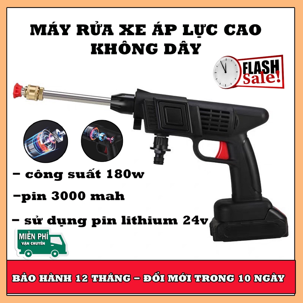 Máy rửa xe áp lực cao không dây dùng pin Lithium 24V, súng rửa xe mini gia đình tiện dụng