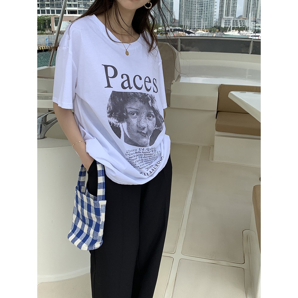 Áo thun nữ Ngắn tay Form rộng Retro Cá tính In hình Chân dung Ulzzang Hàn Quốc Áo Phông thun nữ Tay ngắn Cotton | BigBuy360 - bigbuy360.vn