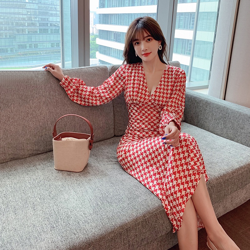 IELGY Đầm Dài Dáng Chữ A Cổ Chữ V Họa Tiết Sọc Caro Phong Cách Cổ Điển Thời Trang Cho Nữ