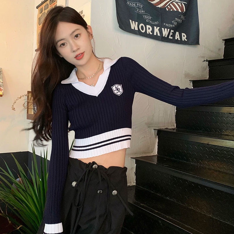 Áo Len Tay Dài Cổ Chữ V Màu Tương Phản Phong Cách Hàn Quốc Thời Trang Cho Nữ