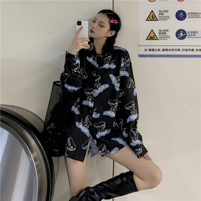 Women's Retro Print Korean Top Fashion Loose Dinosaur Long Sleeve Shirt | BigBuy360 - bigbuy360.vn