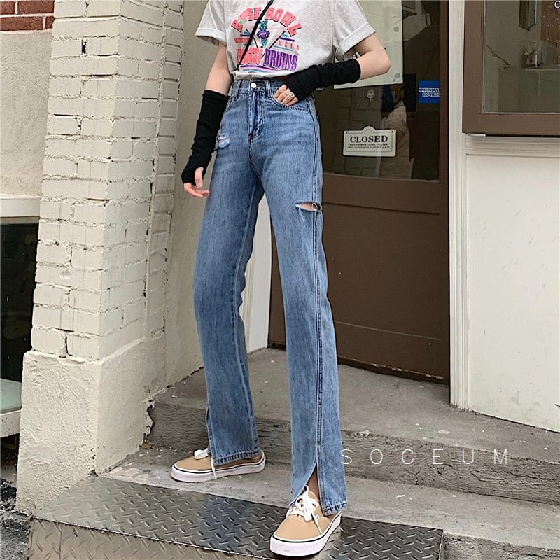 Quần jean nữ co giãn, Quần bò cạp cao ống vẩy rách xẻ tà màu xanh sogeum.store | BigBuy360 - bigbuy360.vn