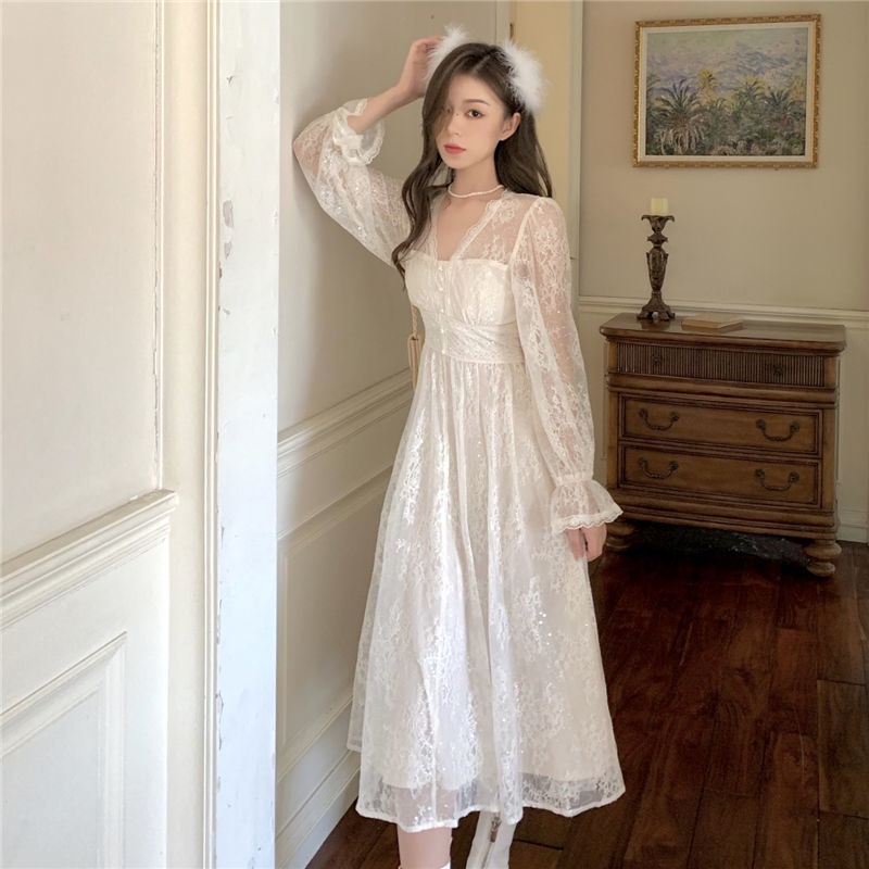 Đầm Ren Tay Dài Ôm Eo Phong Cách Hàn Quốc Mới