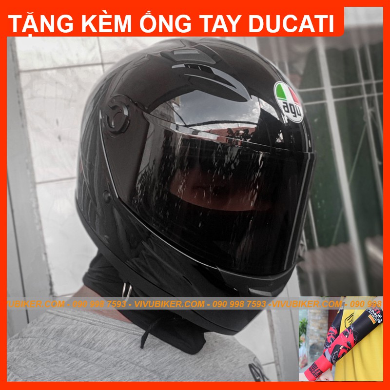 Nón bảo hiểm fullface AGU đen bóng phiên bản kính đen tặng kèm ống tay chống nắng DUCATI - Mũ Fullface đen bóng AGU đen