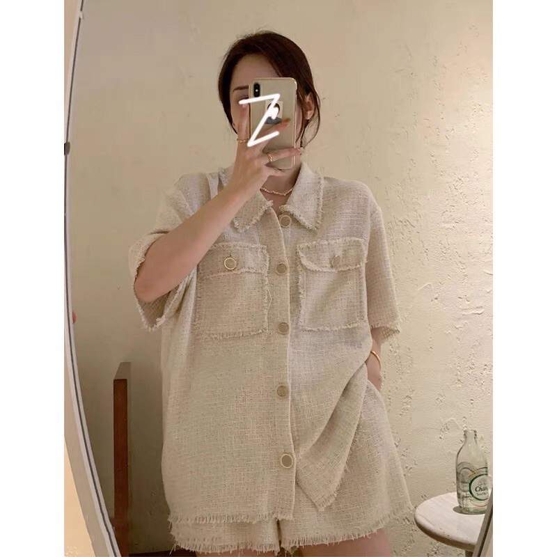 Bộ vest ngắn xinh xắn sang chảnh cho nữ Set bộ dạ tweed gồm 1 áo ngắn tay với 1 quần short order