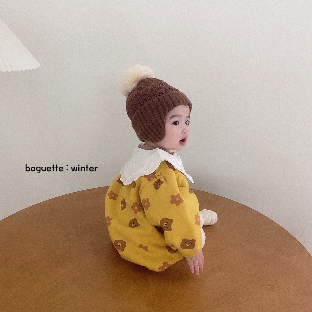 Bộ áo liền quần tay dài cổ búp bê in hoa gấu dễ thương cho bé gái