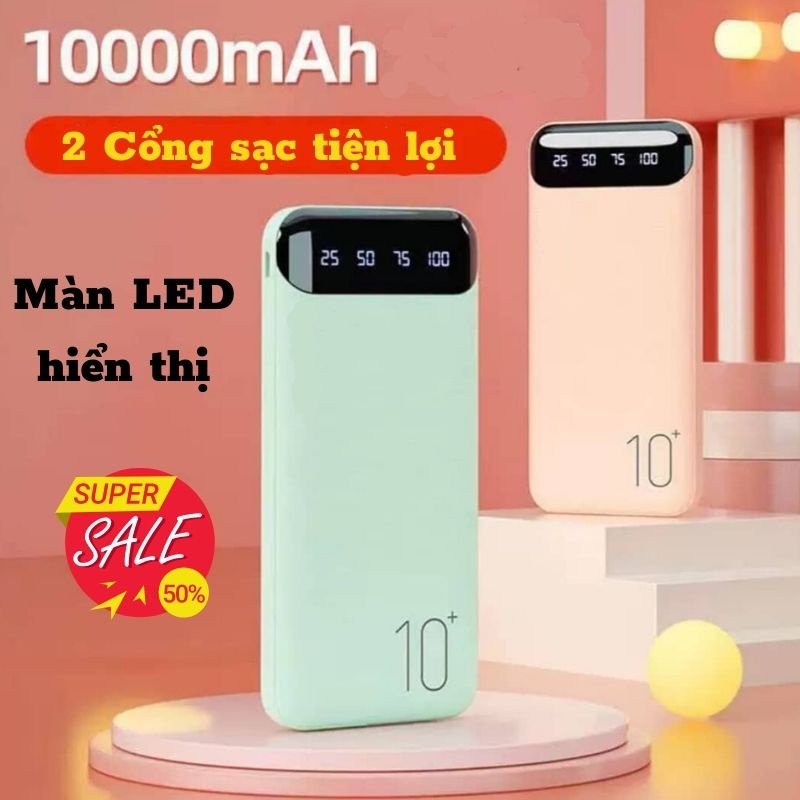 Sạc dự phòng, Pin sạc dự phòng tích hợp màn hình Led hỗ trợ 2 cổng sạc Dung Lượng 10000MAh