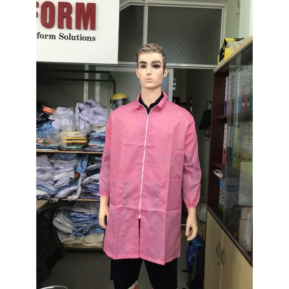 Áo blouse phòng sạch chống tĩnh điện màu hồng dài đến gối dùng trong phòng sạch,