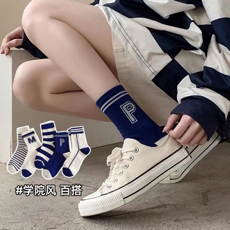 Vớ Cotton Cổ Cao Vừa In Chữ Màu Xanh Navy Thời Trang Cho Nam Và Nữ