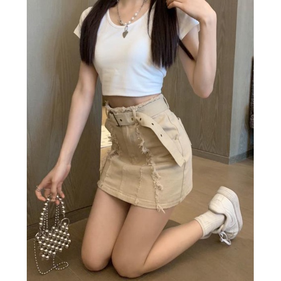 Jiashucheng Chân Váy Denim Chữ A Lưng Cao Màu Đen Thời Trang Mùa Hè 2023 Cho Nữ