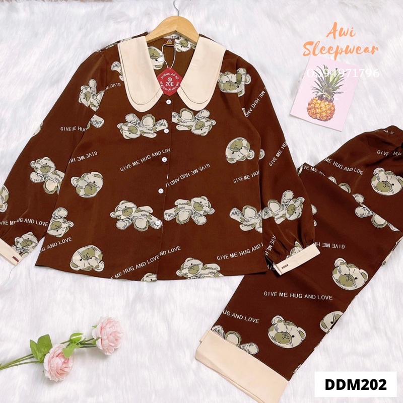 Bộ Pyjama Dài Tay Lụa Mango Thiết Kế Cổ 2 Lá 2CE Cao Cấp - Awi Pyjama