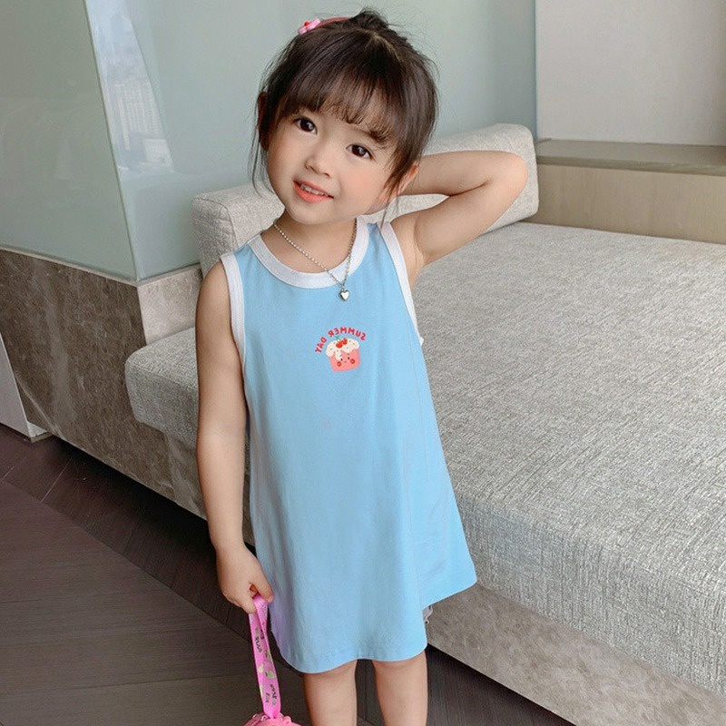 Đầm Sát Nách In Họa Tiết Hoạt Hình Phối Màu Kiểu Hàn Quốc Dễ Thương Cho Bé Gái