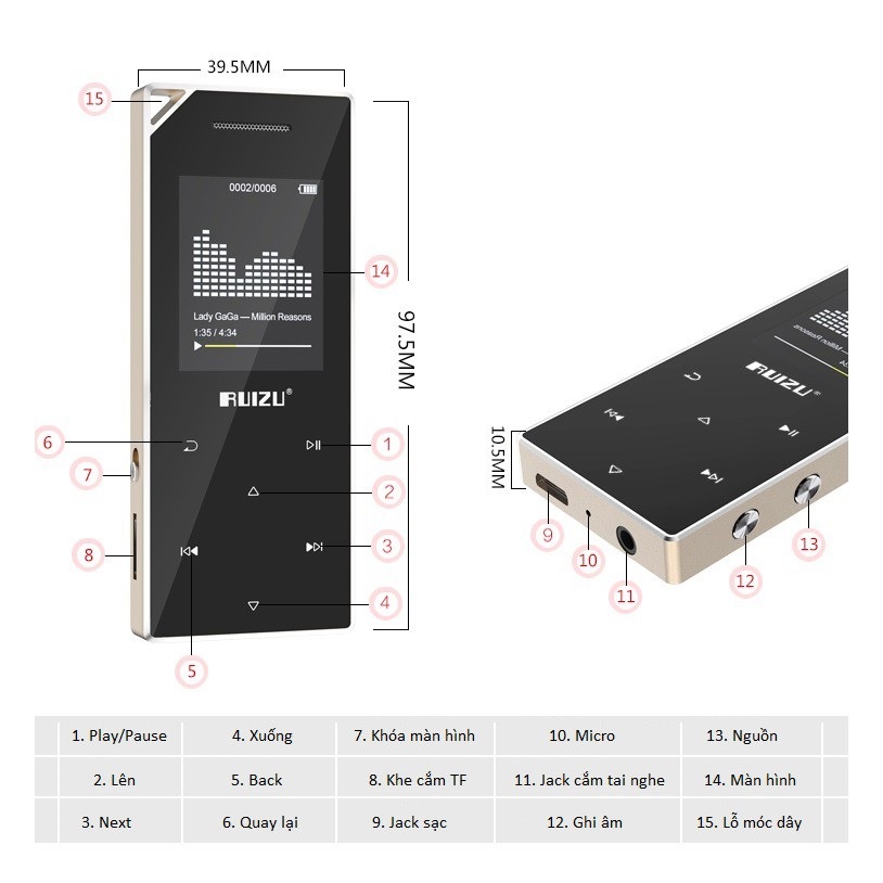 Máy Nghe Nhạc MP3 Bluetooth Ruizu D05 Bộ Nhớ Trong 8GB