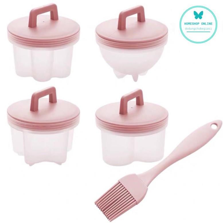 Khuôn Hấp Trứng, Làm Bánh Cho Bé ( Bộ 4 Khuân Nhựa Kèm Chổi Silicon Quét Dầu)