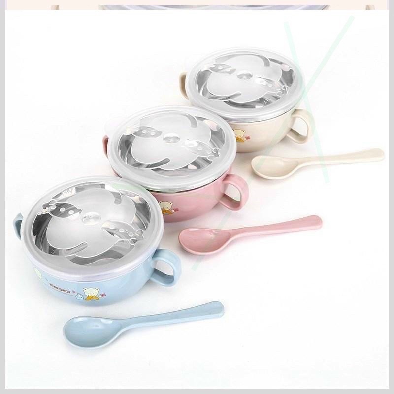 Bát Ăn Inox Cách Nhiệt Có Tay Cầm Kèm Muỗng Và Nắp Cho Bé