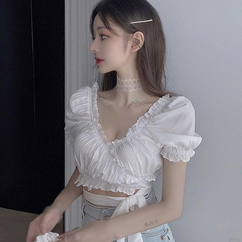 Áo croptop tay ngắn cổ chữ V màu trơn phối dây đan chéo kiểu dáng retro phong cách Hàn Quốc | BigBuy360 - bigbuy360.vn