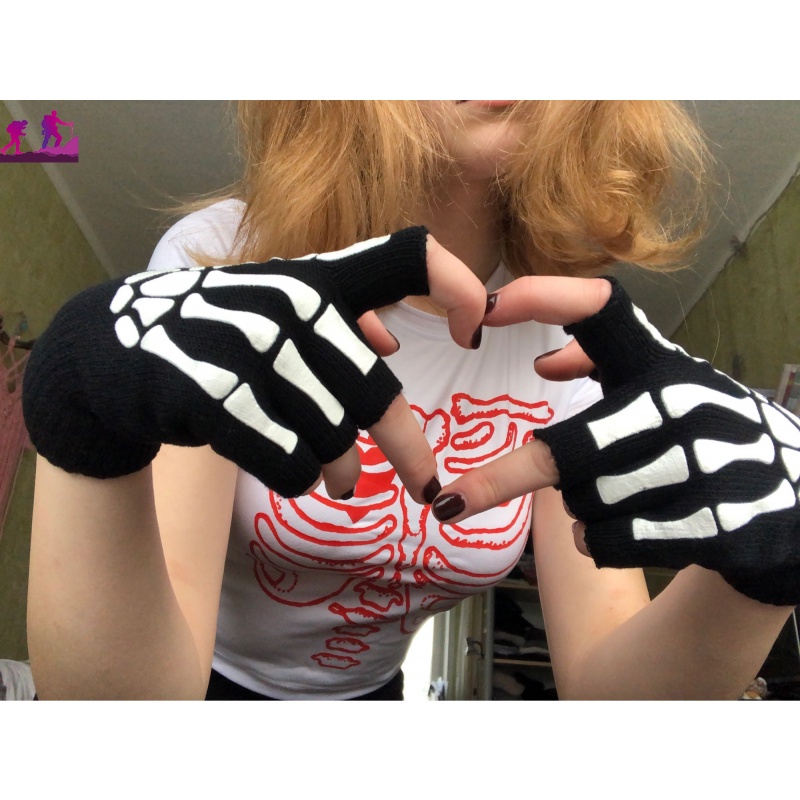 Găng Tay Chống Trượt Hở Ngón Họa Tiết Bộ Xương Phong Cách Gothic