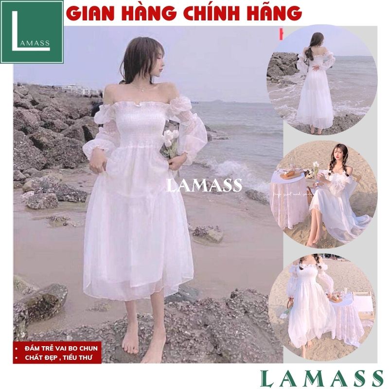 Váy công chúa ,đầm trễ vai bo chun ngực màu trắng ,tay voan 2 lớp dáng xòe ,kỉ yếu tiệc du lịch vintage -LAMASS