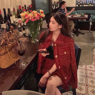 Set áo váy dạ tweed đỏ dáng ngắn [Ảnh thật 3-9]