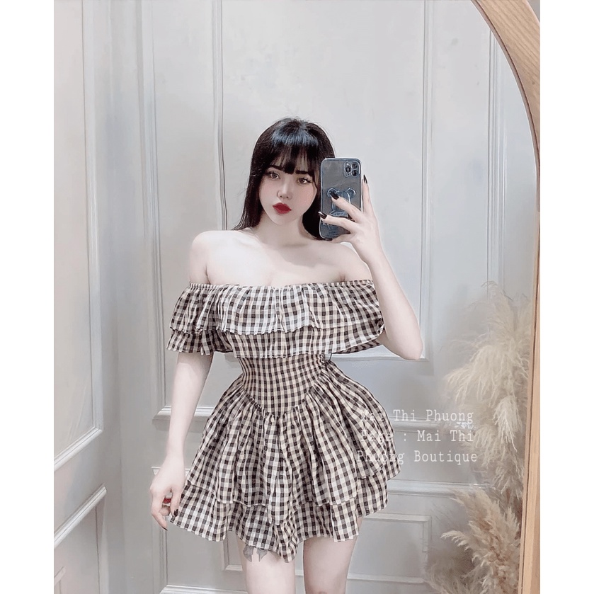 SÉT ĐẦM CARO TRỄ VAI PHỐI QUẦN LÓT TRONG KHÔNG SỢ LỘ TÔN DÁNG SÁNG DA HHP FASHION