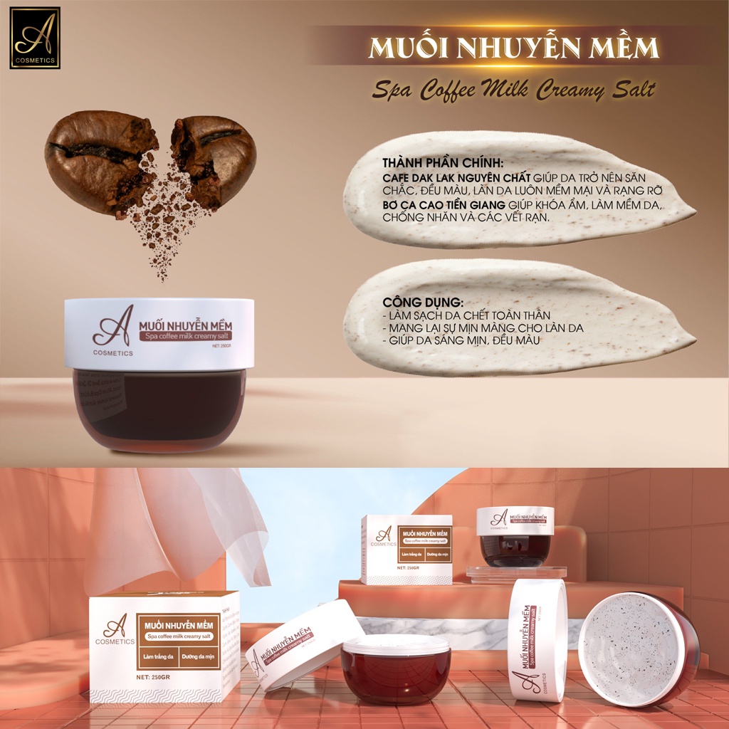 Muối tẩy da chết body giúp da mềm mịn, trắng sáng, muối nhuyễn A cosmetics 250g