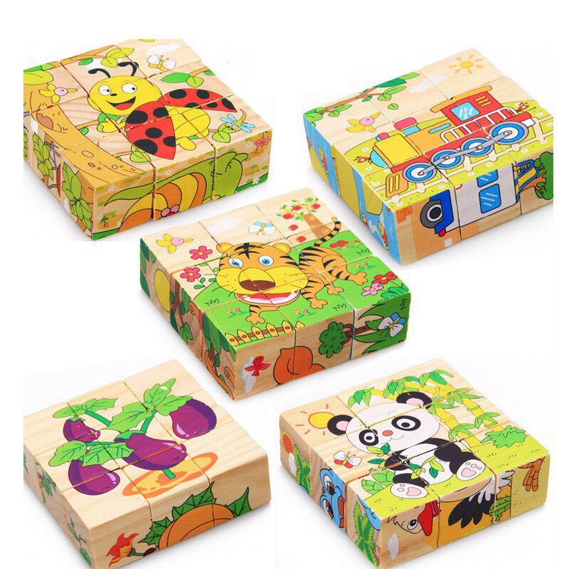 Đồ chơi tranh ghép gỗ 6 mặt 9 miếng- xếp hình 3D đa chiều khối cục cho bé