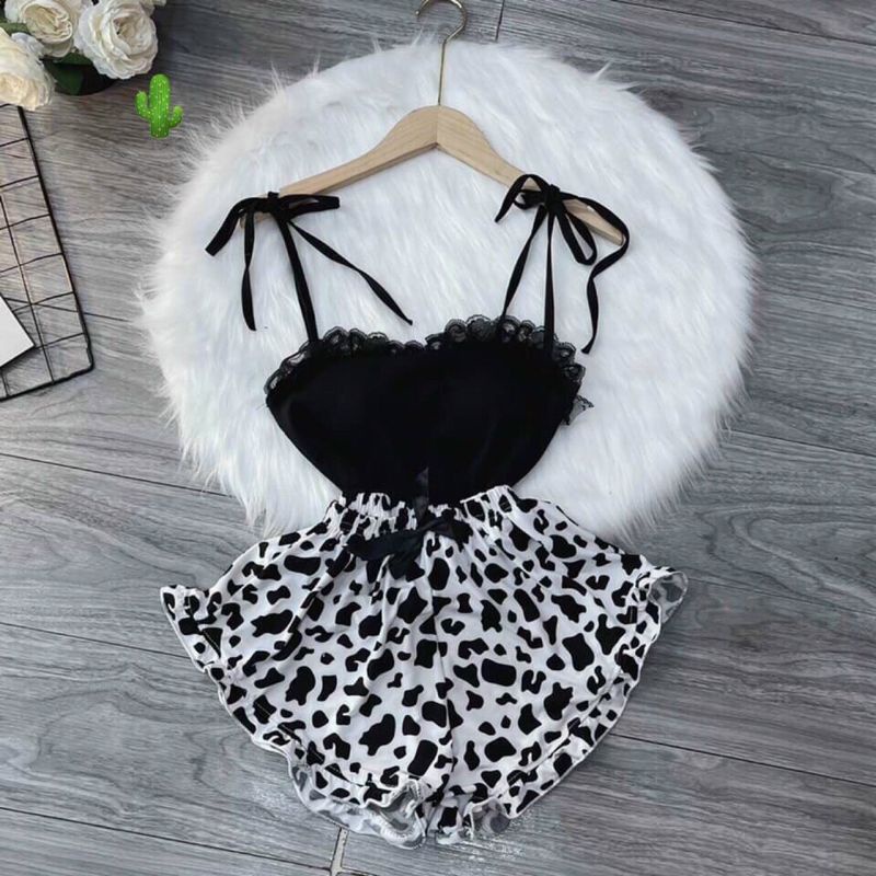 Set bộ đồ dây kèm quần kiểu mặc ngủ, Đồ bộ mặc nhà nữ phối ren 2 dây sexy thời trang teen hè