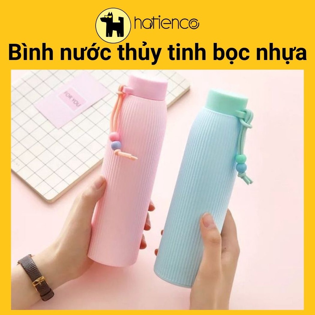 Bình nước thủy tinh bọc nhựa màu pastel xịn đẹp 420ml