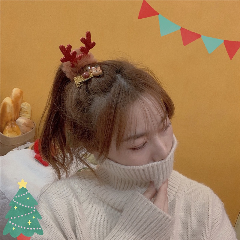 Bộ kẹp tóc 17KM bằng lông nhung hình ông già Noel + sừng hươu + nơ hoạt hình thời trang