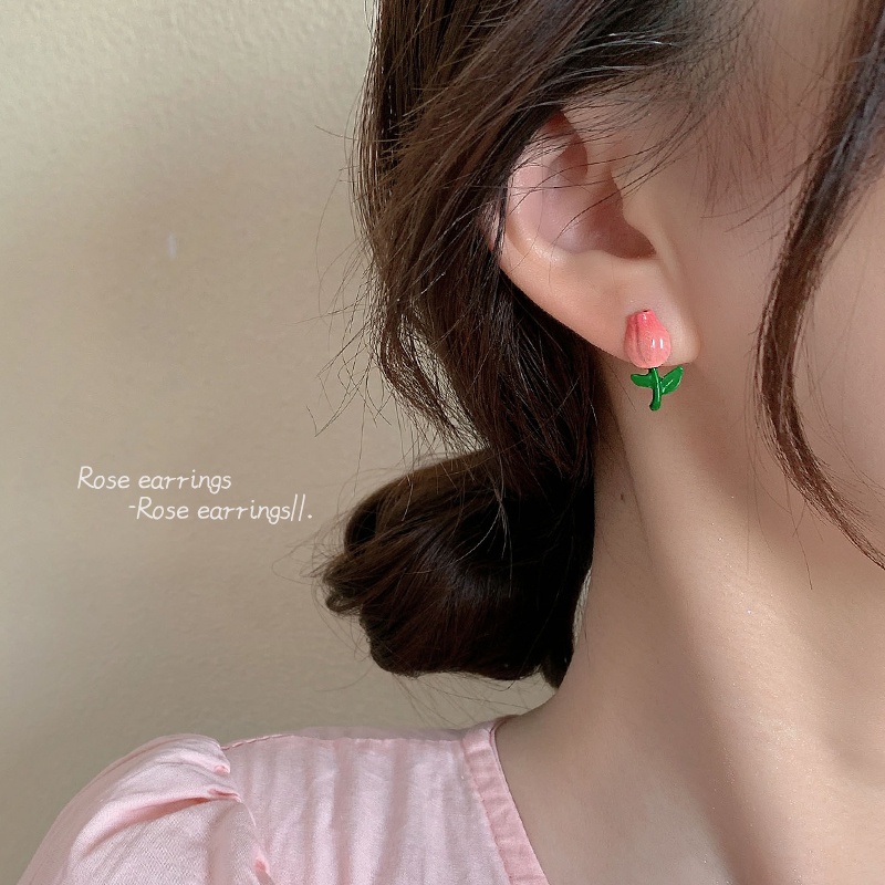 Bông Tai Hình Hoa Tulip Màu Hồng Ngọt Ngào Dễ Thương Cho Nữ