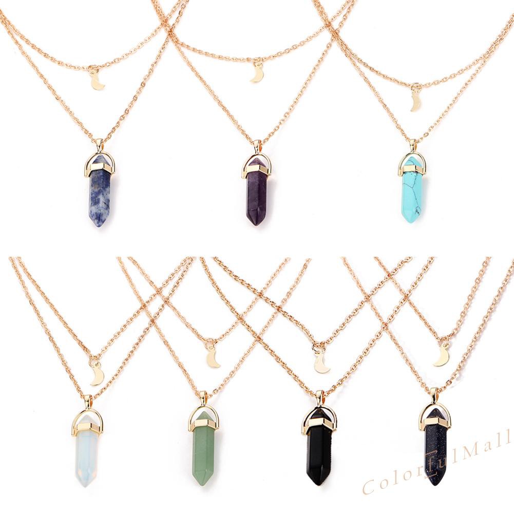 Multilayer Moon Hexagon Pendant Necklace Stone Women Clavicle Chain Jewelry