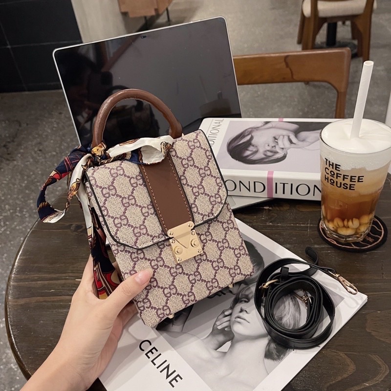 Túi Xách Nữ Dáng Cốp Điện Thoại, Túi Nữ Đeo Chéo L.V Kèm Khăn