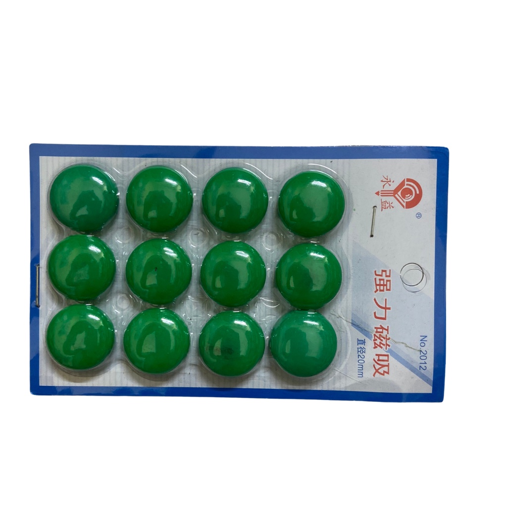 Vỉ nam châm 12 viên đính bảng từ màu xanh lá, nam châm siêu dính kích thước 20mm