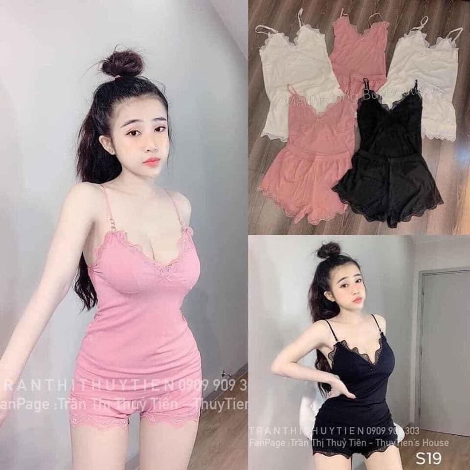Bộ đồ ngủ len tăm 2 dây viền ren xinh yêu cho bạn gái <50kg