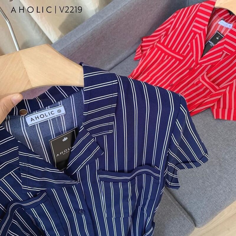 Đầm sơ mi chất mềm mát kẻ 2 màu Aholic V2219