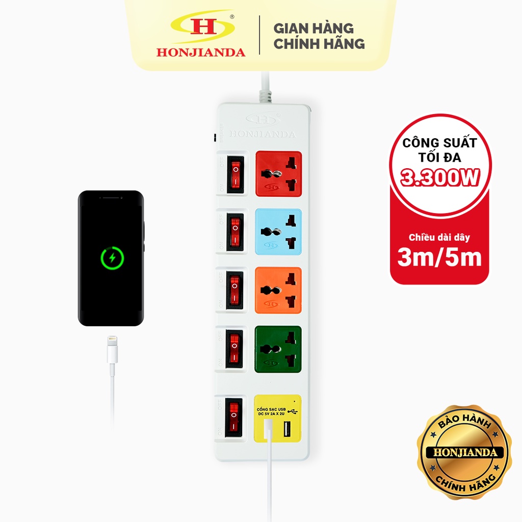 Ổ cắm điện đa năng Có USB Honjianda Mã 06 Nhiều công tắc Dây 3m/5m - an toàn chống quá tải