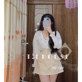 Set áo trắng sơ mi + short nude