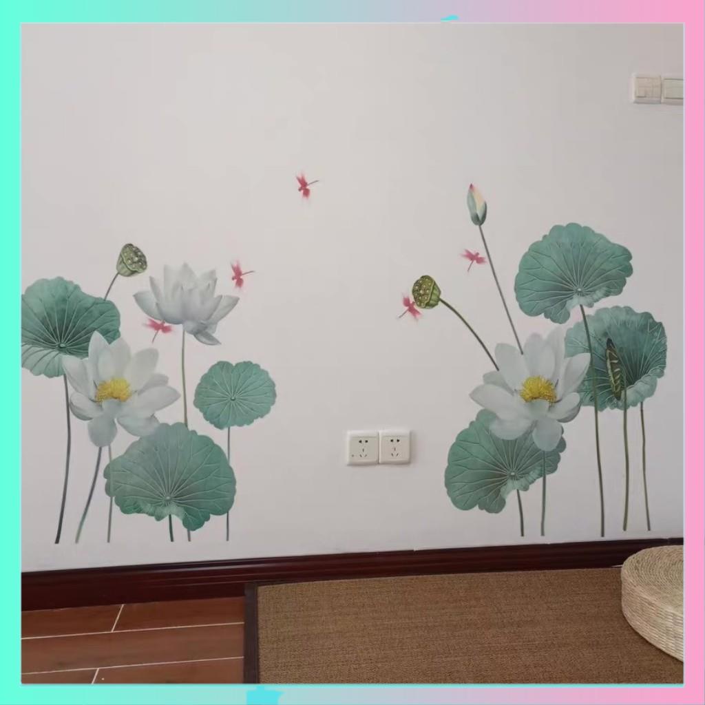 [HÀNG CAO CẤP] Decal dán tường, Tranh dán tường hoa sen trắng, decor phòng ngủ, phòng khách