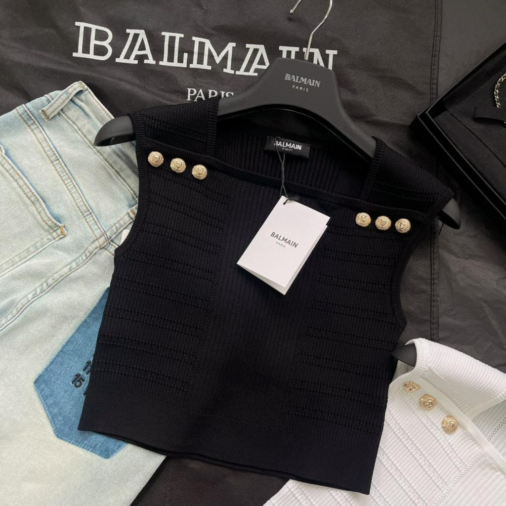 Áo thun crotop không tay thời trang cao cấp thương hiệu Balmain thiết kế đính khuy trên vai thanh cao, nữ tính