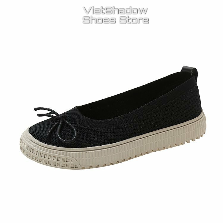 Giày búp bê slip on - Giày lười nữ dệt kim nguyên chiếc 2 màu đen và khaki, đế cao su mềm chống trơn trượt - Mã A31