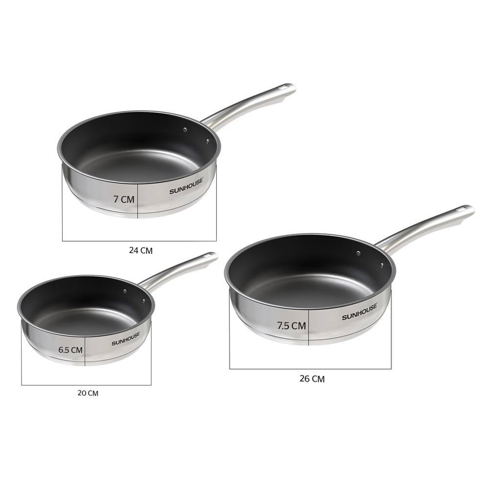 Chảo Inox 5 đáy chống dính Sunhouse 20cm/ 24cm/ 26cm IN20M2 - IN24M2- IN26M2-