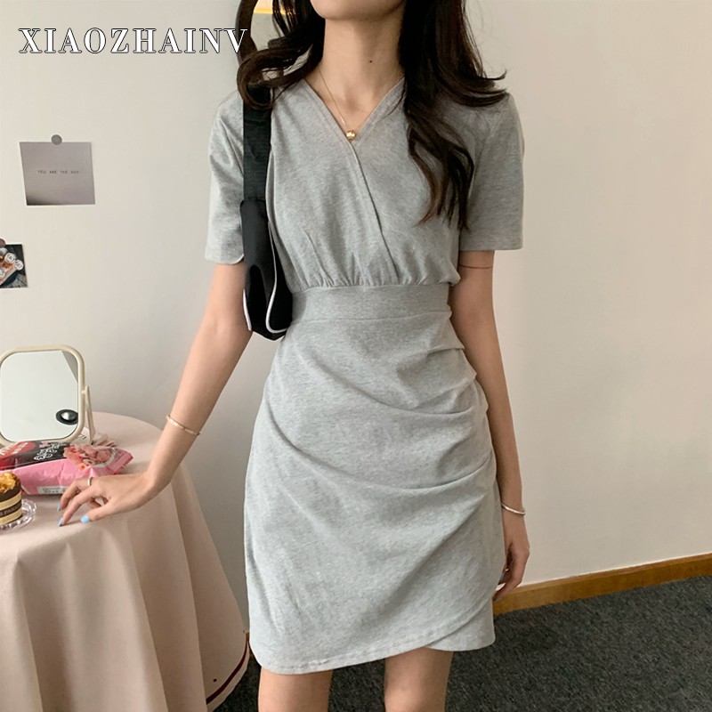 Xiaozhainv Đầm Ngắn Tay Cổ Chữ V Xinh Xắn Theo Phong Cách Hàn Quốc Cho Nữ | BigBuy360 - bigbuy360.vn