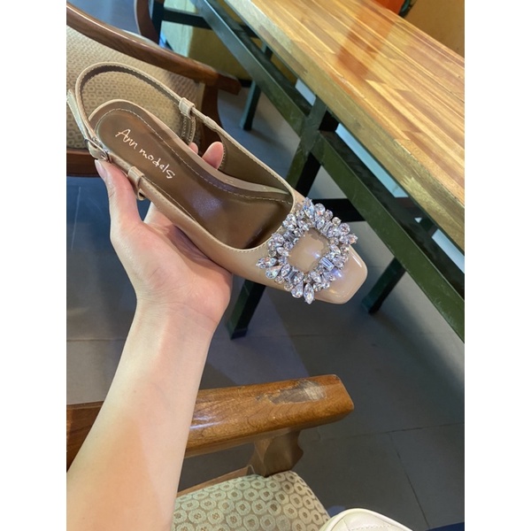 Giày cao gót nữ  3 phân mũi vuông kiểu dáng slingback phối nơ đá cao cấp phong cách Hàn quốc _AMIN3005XBND